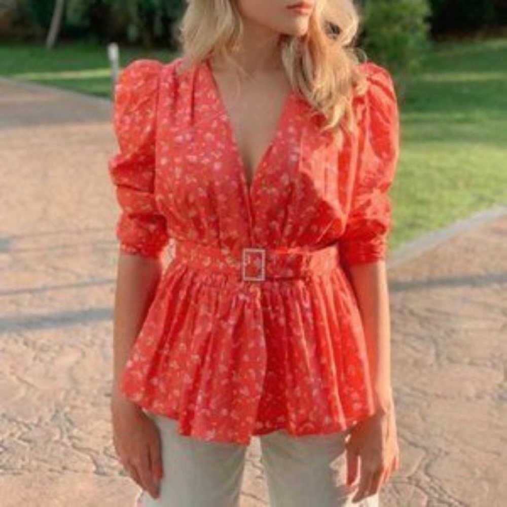 ZARA Belted Floral Wrap Style Long Sleeve Blouse